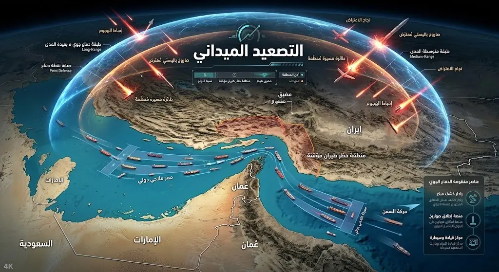 تصميم درامي ثلاثي الأبعاد يعرض الدفاعات الجوية وهي تتصدى للتهديدات فوق خريطة الخليج العربي ومضيق هرمز.