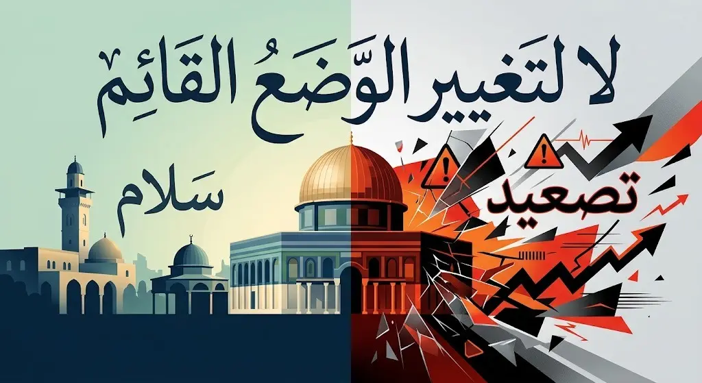تصميم بصيري يعبر عن التناقض بين استقرار الوضع القائم في المسجد الأقصى والتوتر الناتج عن العنف والتصعيد
