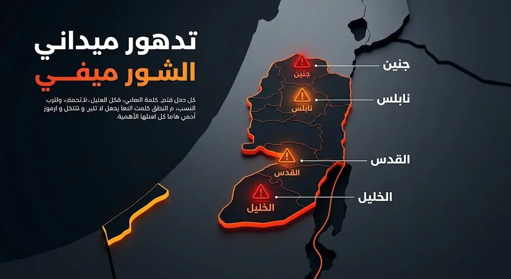 إنفوجرافيك يوضح خريطة الضفة الغربية مع إبراز مناطق التصعيد وبؤر التوتر في جنين ونابلس والقدس والخليل.