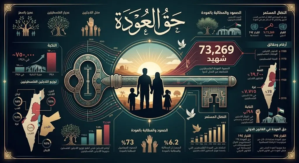 إنفوجرافيك تعبيري يجسد التمسك بحق العودة للاجئين الفلسطينيين، مع إبراز الإحصائية المأساوية لحصيلة العمليات العسكرية التي بلغت 73,269 شهيداً، بتصميم يدمج بين الرمزية التاريخية والبيانات المحدثة.