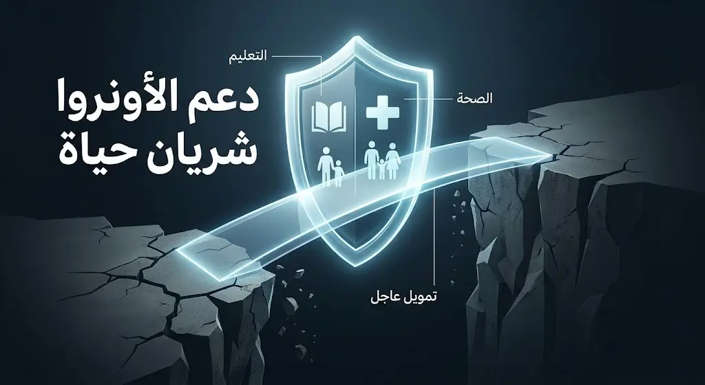 تصميم تعبيري يجسد وكالة الأونروا كدرع واقٍ يحمي خدمات التعليم والصحة للاجئين الفلسطينيين، متجاوزاً فجوة الأزمات المالية.