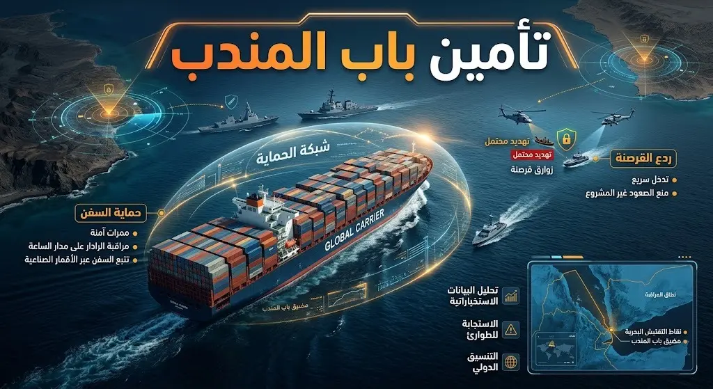 تصميم تعبيري يظهر سفينة تجارية تعبر مضيق باب المندب بأمان مع إشارات بصرية توضح المراقبة والحماية البحرية الصارمة.