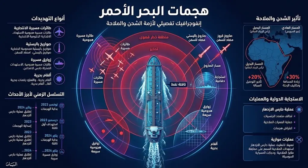 تصميم تحليلي يبرز التهديدات الأمنية في البحر الأحمر واستهداف ناقلات النفط بالطائرات المسيرة والصواريخ.