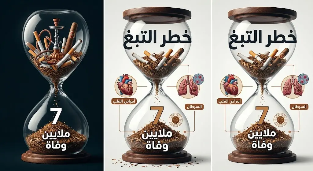 تصميم مرئي يعكس تحذيرات منظمة الصحة العالمية وإحصائيات الوفيات السنوية الكبيرة بسبب التبغ والأمراض المرتبطة به.