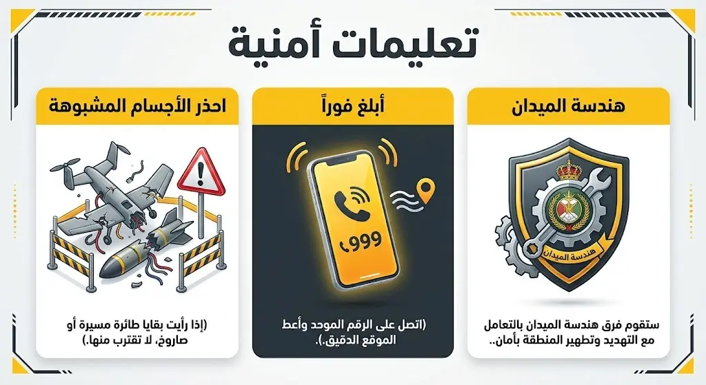 دليل إرشادي بصري يوضح التعليمات الأمنية للمدنيين، متضمناً التحذير من الأجسام المشبوهة وضرورة الإبلاغ الفوري، مع نصوص عربية إرشادية واضحة.