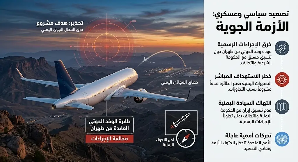 تحذيرات يمنية من استهداف طائرة الوفد الحوثي العائدة من طهران وتحركات أممية عاجلة لاحتواء الأزمة