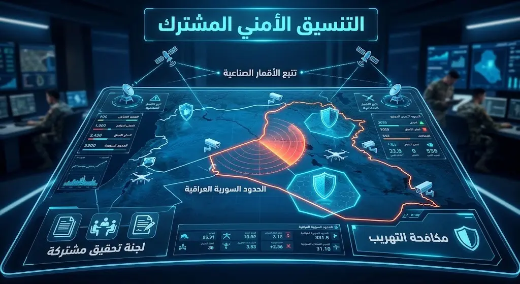 تصميم معلوماتي يبرز التنسيق الأمني بين السلطات العراقية والسورية لتأمين الحدود المشتركة ومكافحة شبكات التهريب.