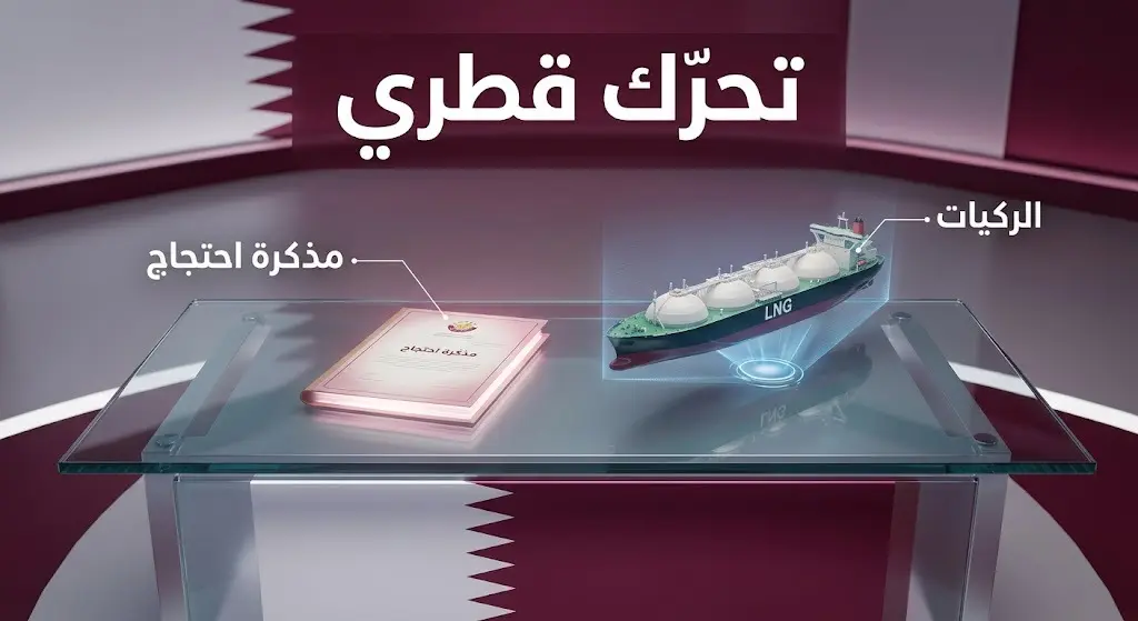 رسم تعبيري يظهر مذكرة احتجاج دبلوماسية مضيئة بجوار مجسم ضوئي لناقلة غاز مسال، تعبيراً عن التحرك القطري.