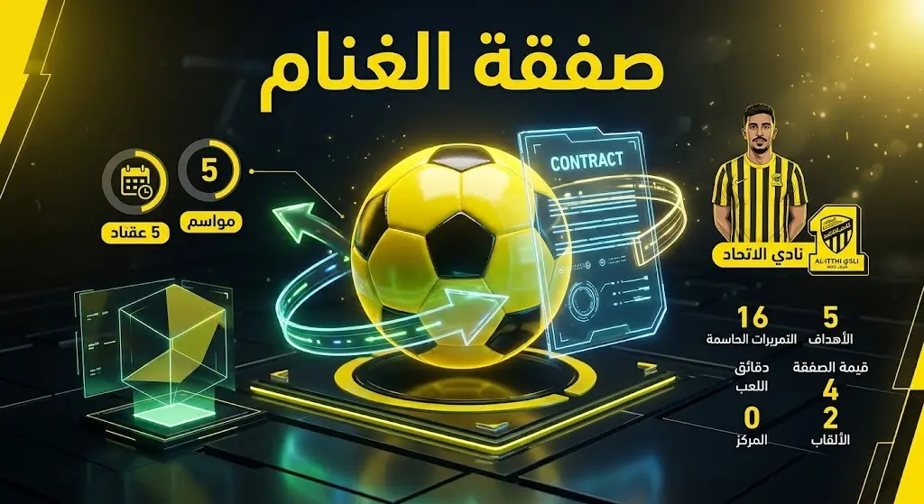 إنفوجرافيك رياضي احترافي يستعرض تفاصيل صفقة انتقال اللاعب خالد الغنام إلى نادي الاتحاد لمدة 5 مواسم