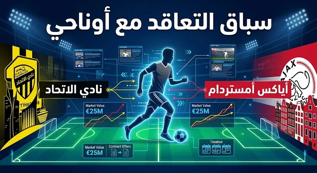 تصميم إبداعي يجسد المنافسة بين نادي الاتحاد وأياكس للتعاقد مع اللاعب عز الدين أوناحي، مع نصوص توضيحية.