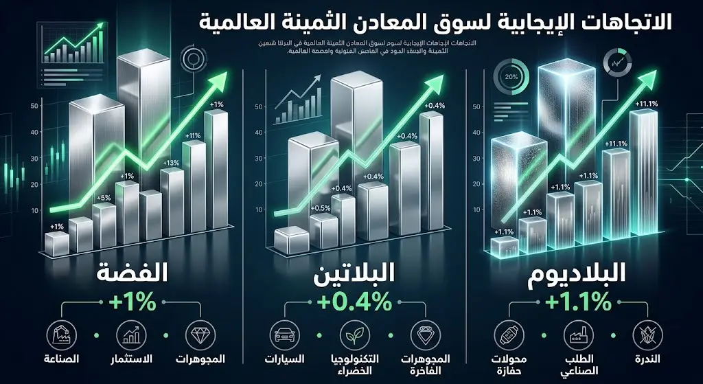 إنفوجرافيك يستعرض ارتفاع أسعار الفضة والبلاتين والبلاديوم بنسب متفاوتة.