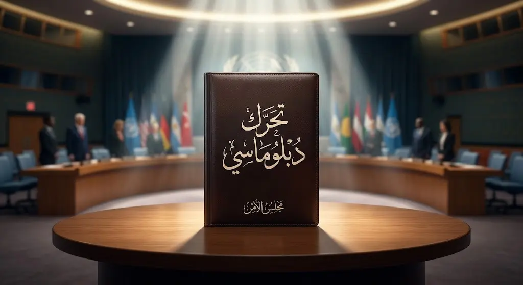 رسم تعبيري لملف دبلوماسي رسمي على طاولة مجلس الأمن تحت إضاءة سينمائية