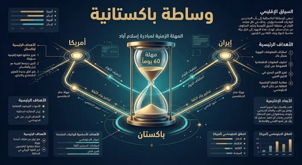إنفوجرافيك يوضح خريطة الوساطة الدبلوماسية التي تقودها باكستان بين الولايات المتحدة وإيران ومهلة الـ 60 يوماً.