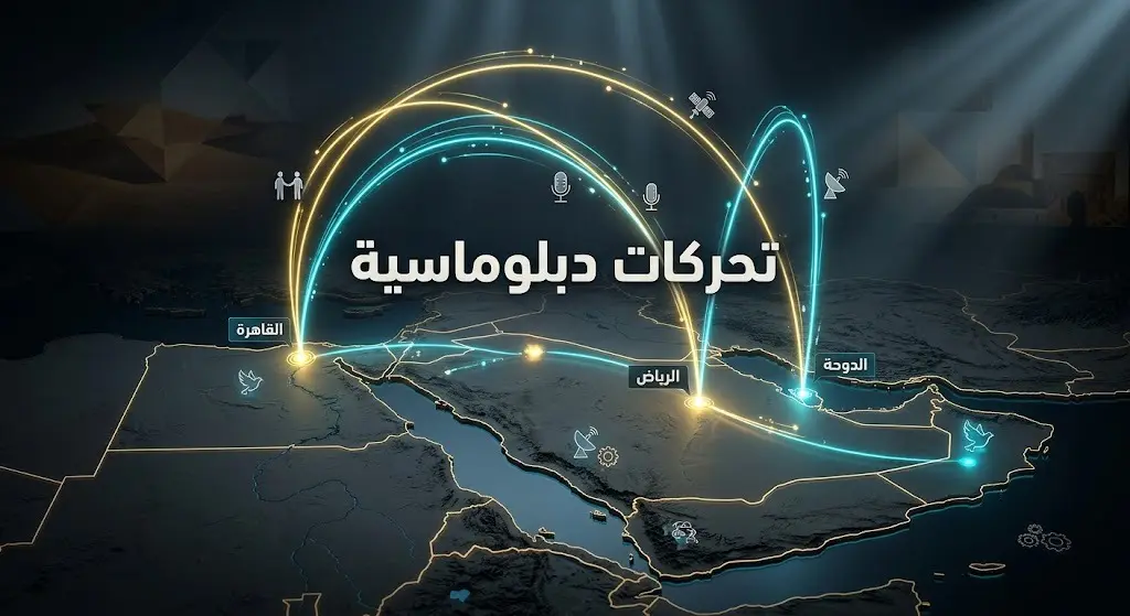 تصميم إنفوجرافيك يوضح خريطة الشرق الأوسط مع خطوط اتصال مضيئة تربط بين الرياض والدوحة والقاهرة تعبيراً عن التحركات الدبلوماسية المستمرة.