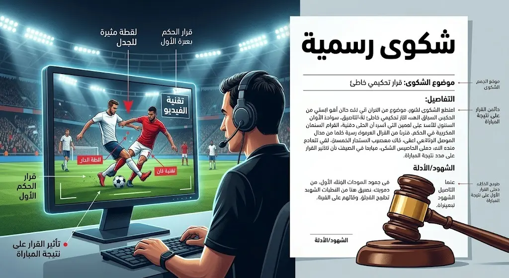 تصميم إنفوجرافيك تعبيري يدمج بين شاشة تقنية الفيديو (VAR) ومطرقة قانونية، يرمز للاحتجاج الرسمي والشكوى المقدمة ضد حكم مباراة مصر والأرجنتين.