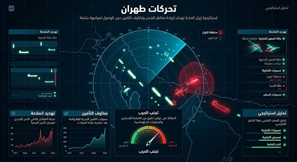 تصميم يعبر عن التهديدات الإيرانية المحدودة للملاحة البحرية لرفع تكاليف التأمين والشحن دون الانزلاق لحرب شاملة.