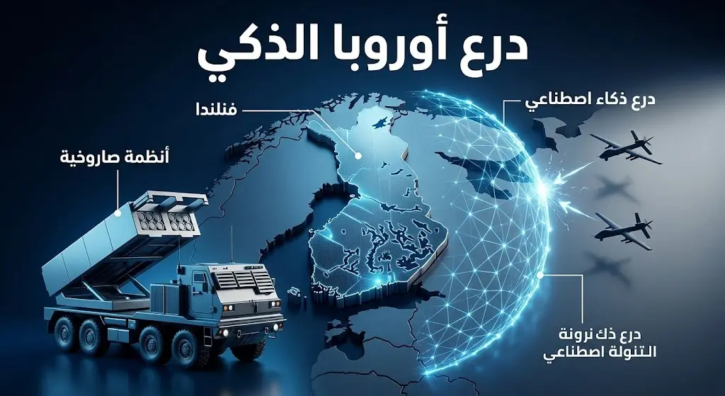 تصميم معلوماتي يبرز التحركات العسكرية الفنلندية وخطط الاتحاد الأوروبي لإنشاء درع تقني بالذكاء الاصطناعي لحماية الحدود.