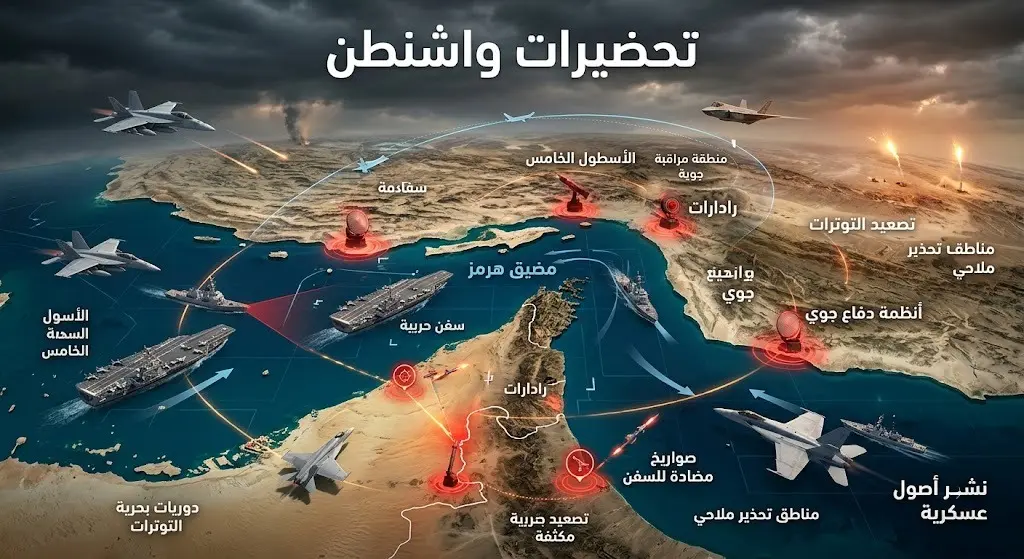 تصميم إنفوجرافيك يوضح خريطة مضيق هرمز مع تحديد الأهداف العسكرية والتحضيرات الأمريكية، مصحوباً بنصوص توضيحية عربية دقيقة.