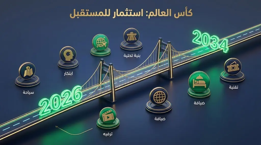 إنفوجرافيك استثماري يستعرض القطاعات المستفيدة من استضافة كأس العالم 2026 و2034 مثل التقنية والسياحة والبنية التحتية.