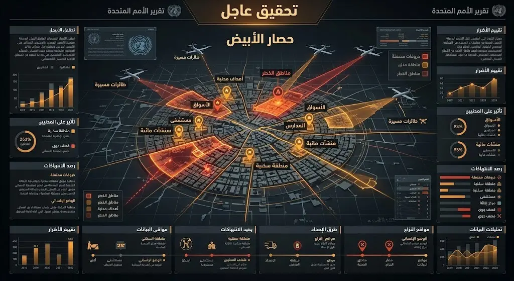 خريطة تحليلية أو إنفوجرافيك يوضح وضع حصار مدينة الأبيض والتحقيقات الأممية العاجلة بشأن استهداف الأعيان المدنية.
