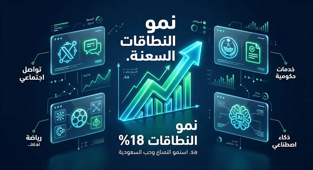 إنفوجرافيك عصري ثلاثي الأبعاد يوضح نمو النطاقات السعودية بنسبة 18% وتوزع أنماط استخدام التطبيقات الرقمية في مجالات التواصل والذكاء الاصطناعي