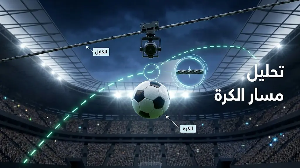 صورة تحليلية ثلاثية الأبعاد توضح مسار كرة القدم واقترابها من كابل الكاميرا المعلقة مع واجهة تحليل تقنية الفيديو (VAR).