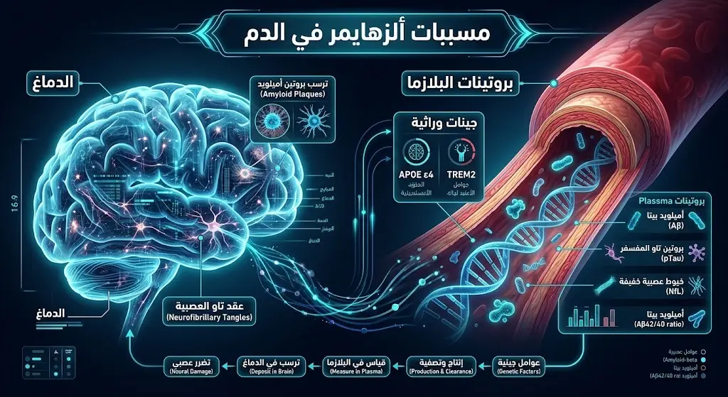 تصميم توضيحي طبي يبرز الروابط بين الدماغ وجزيئات البروتين والحمض النووي في بلازما الدم.