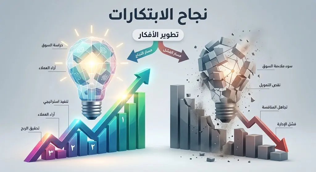 إنفوجرافيك يوضح العوامل الجوهرية لنجاح الأفكار التجارية والابتكارات مقارنة بأسباب فشل المشاريع.
