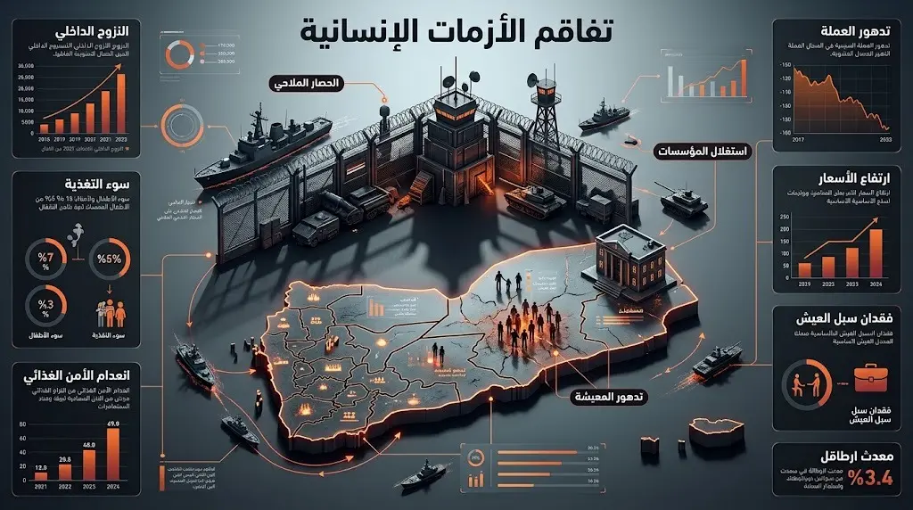 تصميم بصري يجسد المعاناة الإنسانية والاقتصادية في اليمن جراء الحصار والتصعيد العسكري