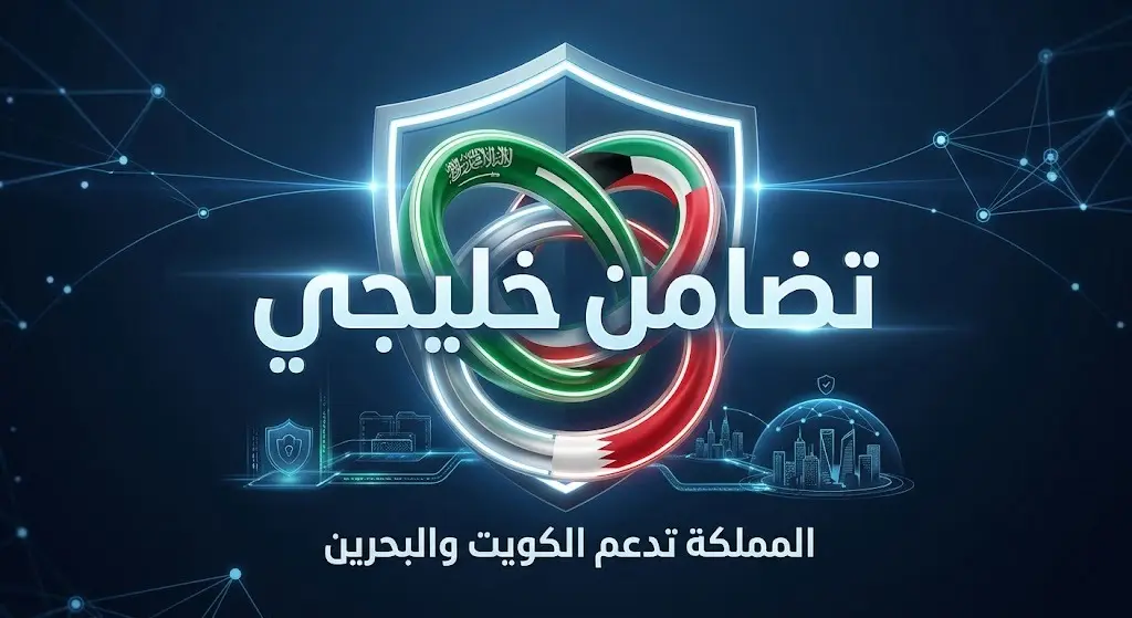 تصميم إبداعي يرمز إلى التضامن السعودي مع الكويت والبحرين، يظهر درعاً دبلوماسياً مضيئاً يدمج ألوان أعلام الدول الثلاث فوق خلفية تقنية تعبر عن أمن واستقرار المنطقة.