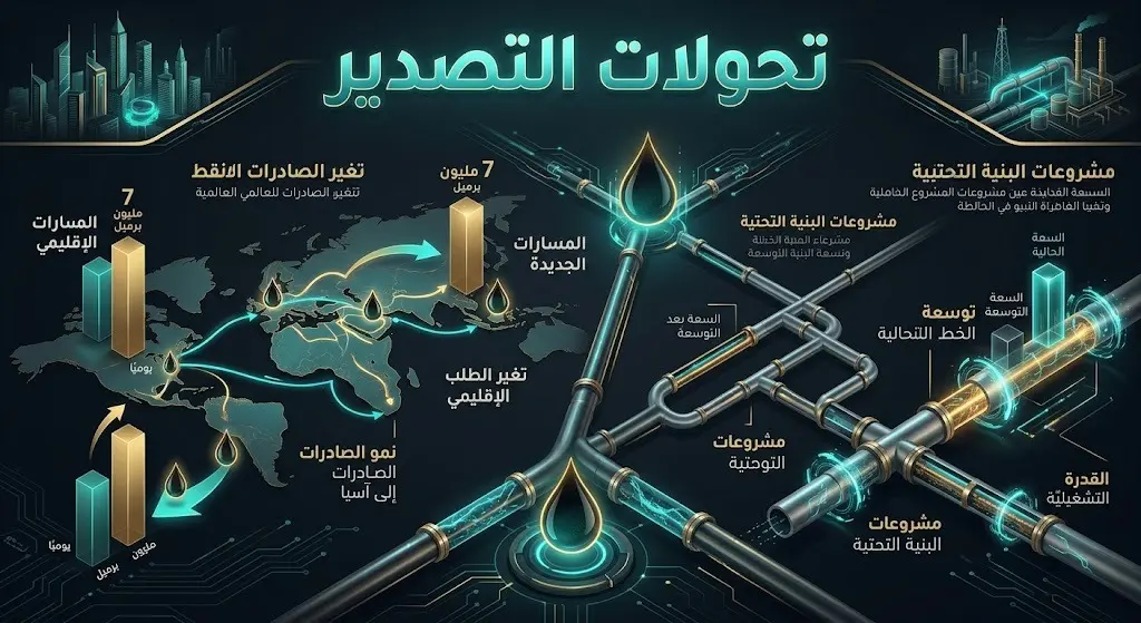 تصميم بياني يستعرض أرقام وطاقات تصدير النفط عبر خط شرق - غرب والتوسعة المقترحة للمشروع