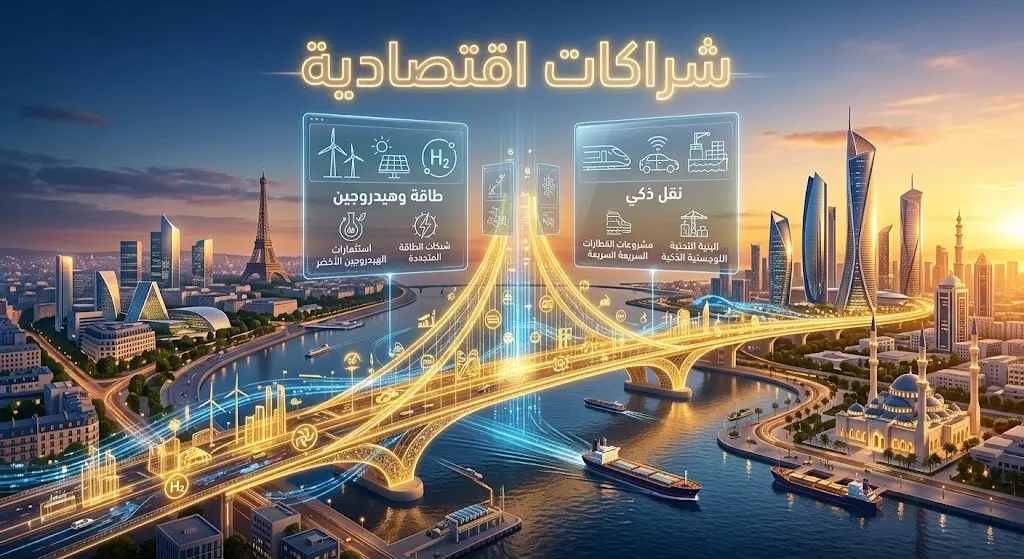 تصميم تخيلي يجسد الشراكات الاقتصادية بين أوروبا والخليج مع التركيز على قطاعات الطاقة والنقل الذكي