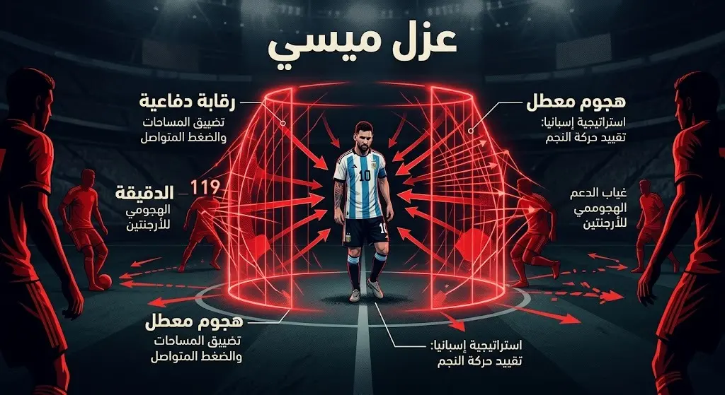 تصميم فني يجسد الرقابة الدفاعية الصارمة التي فرضها لاعبو إسبانيا لعزل ليونيل ميسي وتحييد خطورة الهجوم الأرجنتيني تماماً.