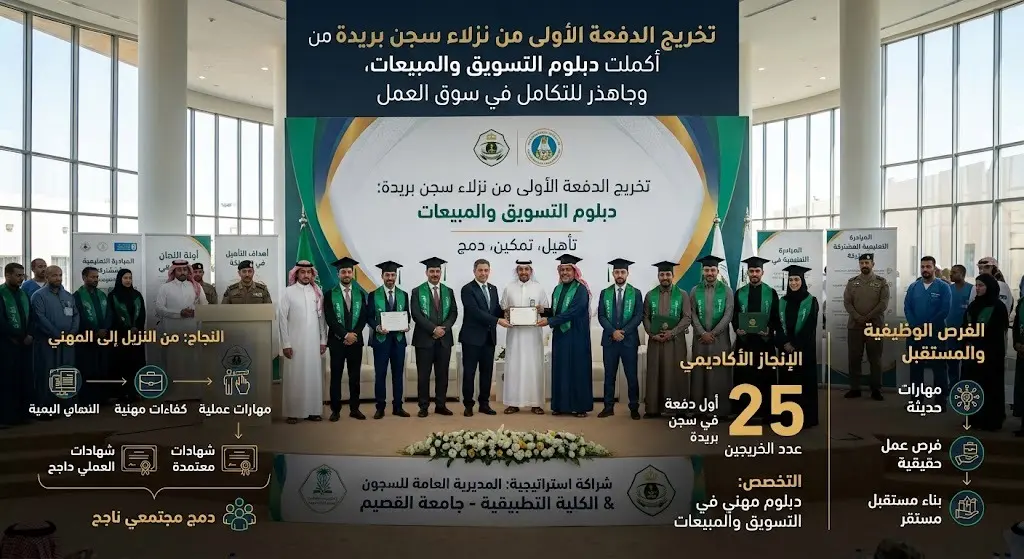 تخريج الدفعة الأولى من نزلاء سجن بريدة الحاصلين على دبلوم مهني في التسويق لدمجهم بسوق العمل