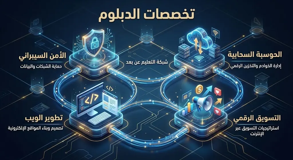 رسم إنفوجرافيك عصري ثلاثي الأبعاد يستعرض تخصصات الدبلوم عن بُعد المتاحة في جامعة القصيم مثل الأمن السيبراني، الحوسبة السحابية، والتسويق الرقمي.