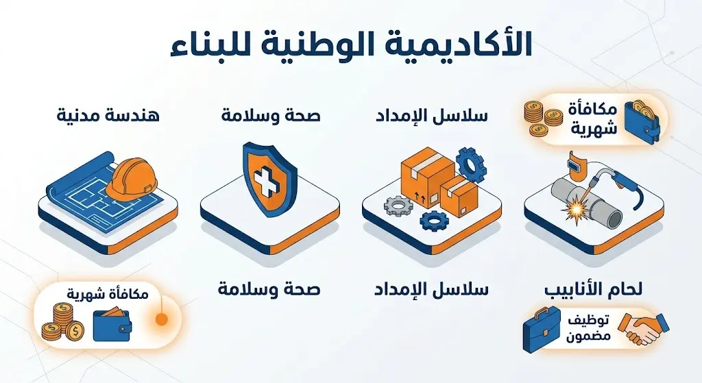 إنفوجرافيك يوضح تخصصات دبلوم الأكاديمية الوطنية للبناء الأربعة، ومزايا التوظيف المضمون والمكافأة الشهرية.