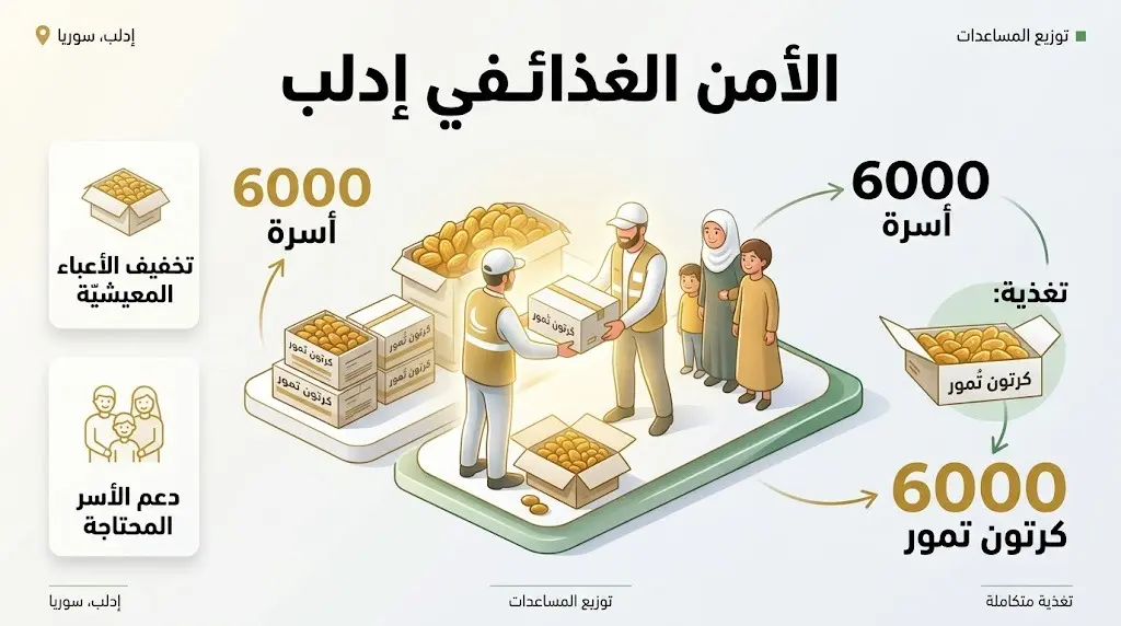 إنفوجرافيك يوضح توزيع 6000 كرتون من التمور على 6000 أسرة في محافظة إدلب السورية لدعم الأمن الغذائي وتخفيف الأعباء المعيشية.