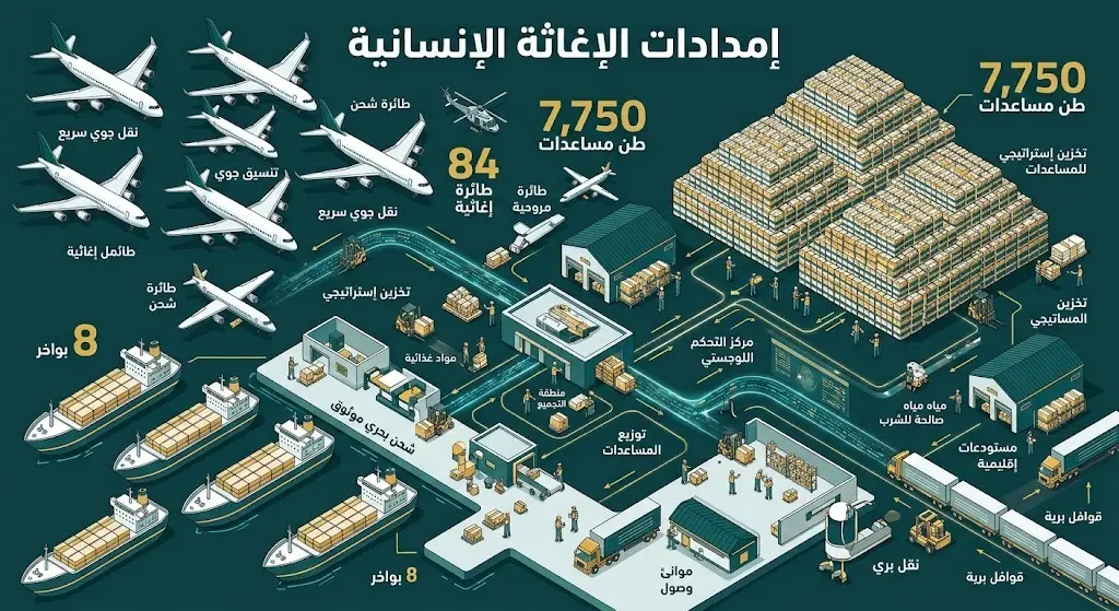 تصميم معلوماتي يبرز حجم المساعدات الإنسانية السعودية لغزة، متضمناً أعداد الطائرات والبواخر وأطنان الإغاثة