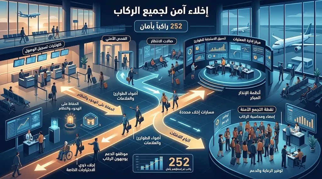 رسم توضيحي احترافي يبرز الإخلاء الآمن لـ 252 راكباً من طائرة الخطوط السعودية وتقديم الدعم الفوري لهم في المطار.
