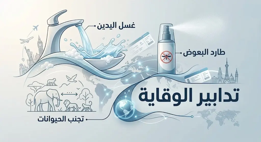 تصميم إبداعي يبرز أهم التدابير الوقائية للمسافرين كغسل اليدين بانتظام، استخدام طارد البعوض، وتجنب ملامسة الحيوانات البرية.
