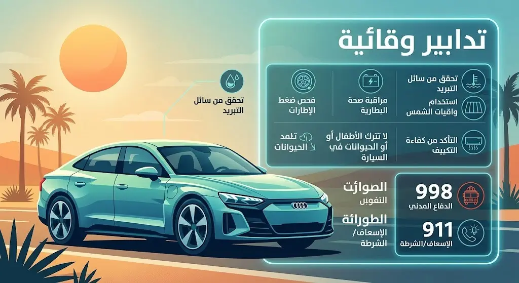 تصميم يعرض التدابير الوقائية وأرقام الطوارئ الخاصة بالدفاع المدني للتبليغ الفوري عن حرائق المركبات.