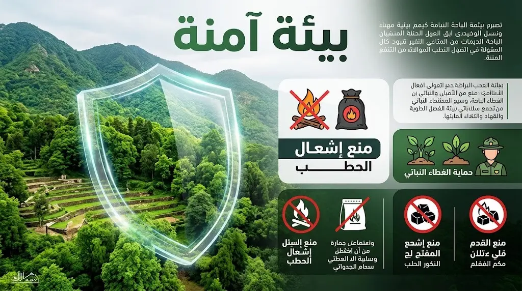 تصميم إرشادي يبرز التدابير الوقائية في متنزهات الباحة والتي تشمل منع إضرام الحطب واستخدام الجمر للحد من مسببات الحرائق.