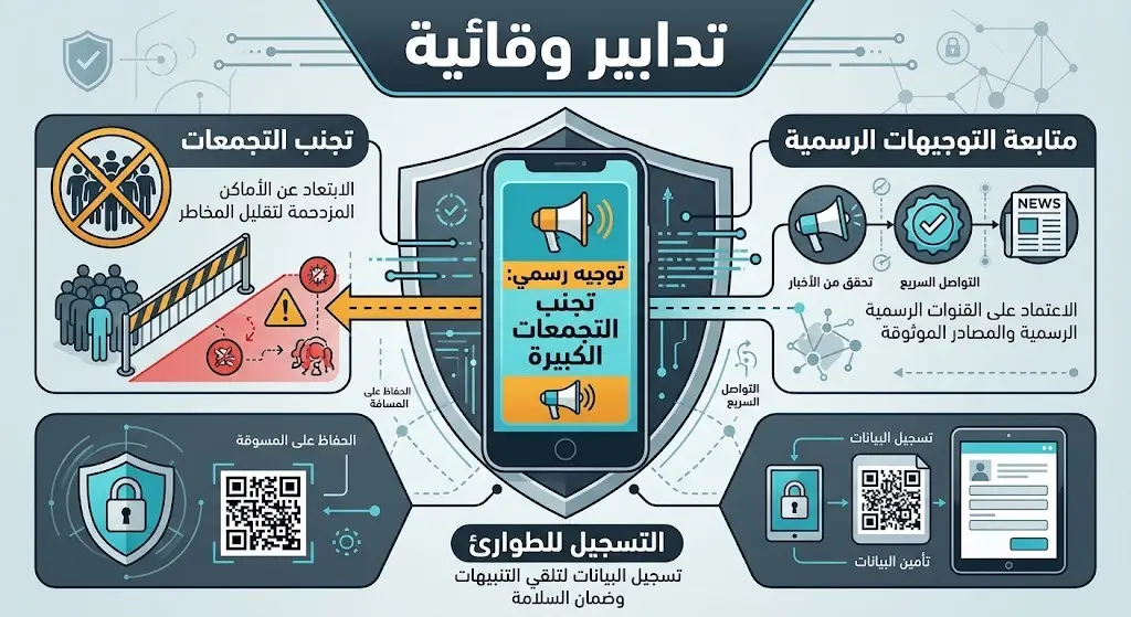 بطاقة معلومات مرئية تستعرض التدابير الوقائية وتوصيات الأمن بتجنب التجمعات ومتابعة التوجيهات الرسمية.