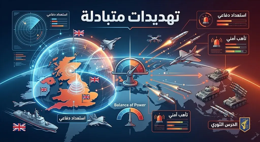 تصميم تعبيري يظهر حالة التأهب الأمني والدفاعي المتبادل بين بريطانيا وإيران والتهديدات المتصاعدة
