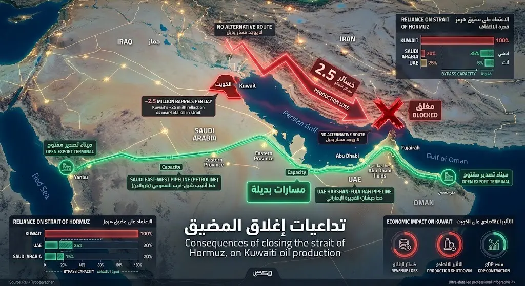 إنفوجرافيك بياني يوضح انخفاض إنتاج الكويت النفطي وتأثرها الفادح بإغلاق مضيق هرمز مقارنة بامتلاك السعودية والإمارات لمسارات تصدير بديلة.
