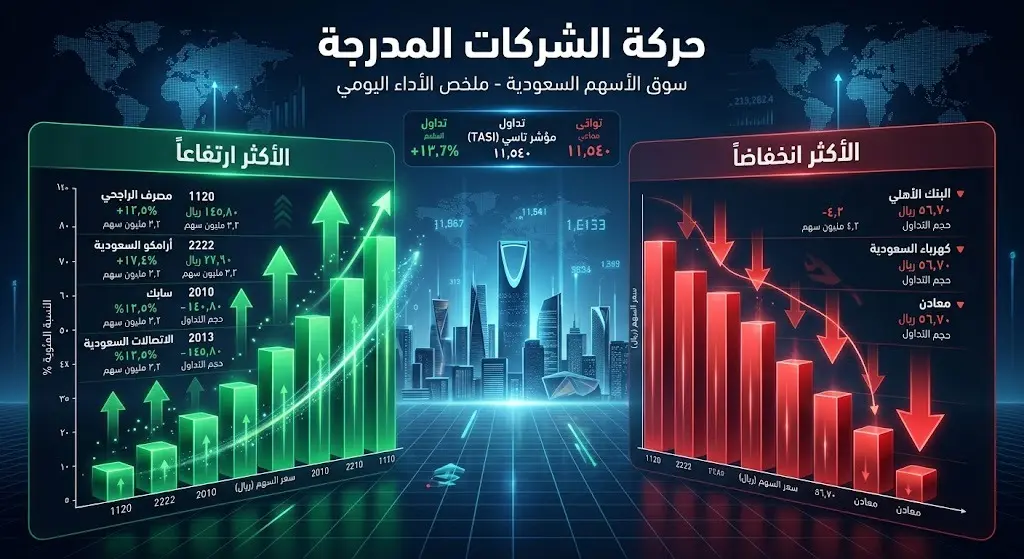 إنفوجرافيك مالي مبتكر يعرض تباين حركة أسهم الشركات المدرجة بين المكاسب والخسائر