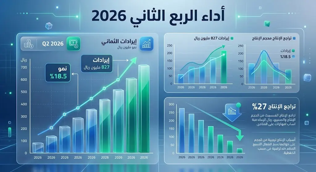 إنفوجرافيك مالي يستعرض نتائج الربع الثاني لعام 2026 لشركة المتقدمة للبتروكيماويات، موضحاً نمو الإيرادات بنسبة 18.5% وتراجع الإنتاج.