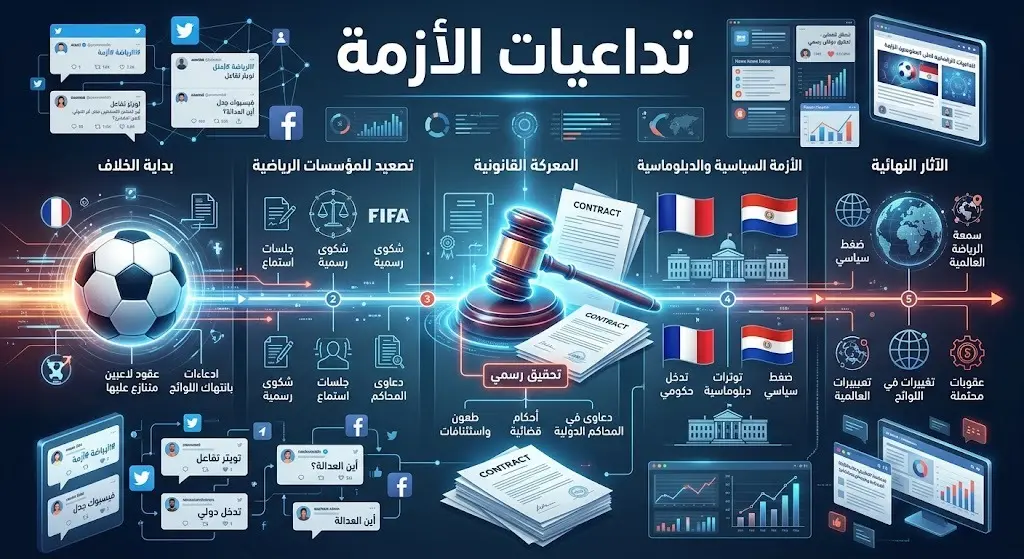 إنفوجرافيك صحفي حديث يوضح تصاعد الأزمة وتحولها إلى مسار قانوني، يظهر فيه مطرقة قاضٍ ووثائق قانونية مع تلميحات لمنشورات شبكات التواصل.