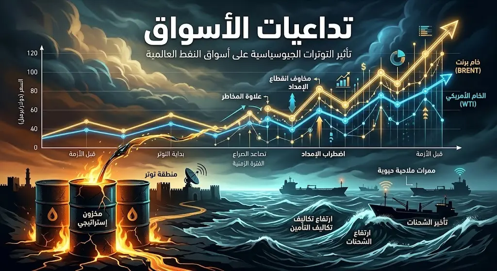تصميم تعبيري يظهر مؤشرات مالية صاعدة لأسعار النفط مع براميل نفط وسفن تجارية، يعكس استجابة الأسواق للتوترات