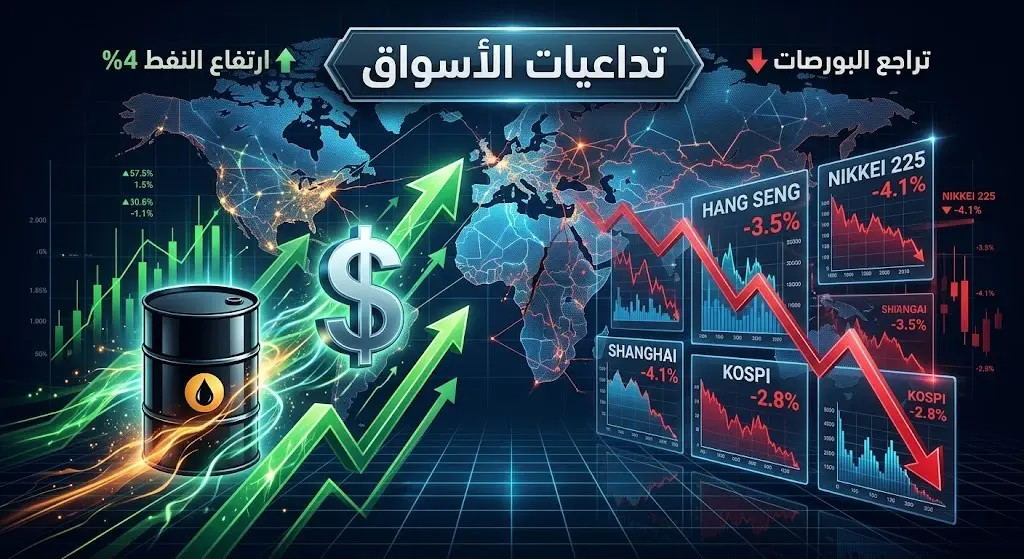 رسم تعبيري يعكس التباين في الأسواق العالمية حيث يرتفع النفط والدولار بينما تتراجع شاشات البورصات الآسيوية.